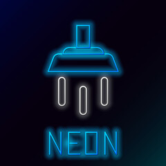 Glowing neon line Shower head with water drops flowing icon isolated on black background. Colorful outline concept. Vector