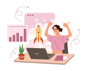 Business woman working hard concept. Young entrepreneur girl sitting at her workplace and rejoicing at launch of startup. Successful and productive employee. Cartoon flat vector illustration