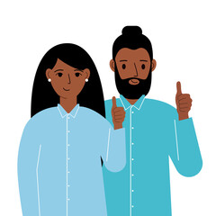 Smiling young business people success concept. Positive emotions, happy people, boyfriend and girlfriend showing thumbs up, fun and joy.