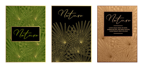 Série de 3 flyers ou couvertures de brochures pour des produits de luxe décorés d’une typographie originale et de feuilles de palme sur un fond vert, noir ou cuivre. - obrazy, fototapety, plakaty