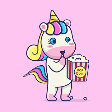 cute unicorn eating popcorn, suitable for children's books, birthday cards, valentine's day, stickers, book covers, greeting cards, printing. 