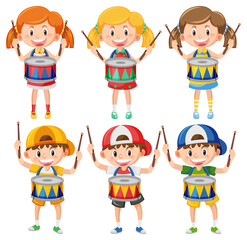 Set of kid playing drum cartoon character