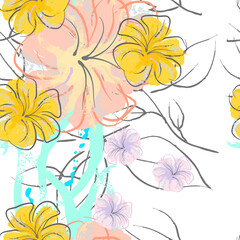 Pink Flowers Blooming Pattern. Pastel Watercolor.