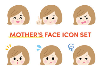 お母さんの顔　表情バリエーションセット　ベクターイラスト