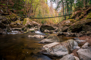 Stones in the river in a mountain valley with green forest. Nature torrent Buchberger Leite in the Bavarian Forest, Germany.