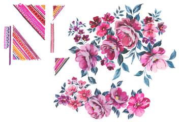 hand painted artistic floral bouquet compositions with ethnic tile motifs. Multicolor botanical painting. Spring summer in bloom