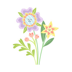 Smiling Flowers on Stalk with Petal and Green Leaf Vector Illustration