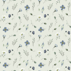 Floral seamless pattern with abstract blue flowers, green buds and branches, watercolor illustration isolated on delicate grey-green background for decorative print wallpapers, textile or paper.