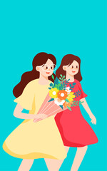 Mother's day mom running with flowers, plants and flowers in the background vector illustration