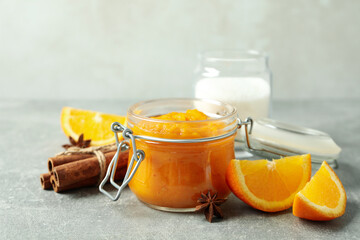 Concept of tasty food, pumpkin jam, close up