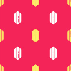 Yellow Hotdog sandwich icon isolated seamless pattern on red background. Sausage icon. Fast food sign. Vector