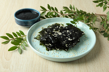 Concept of Japanese food, seaweed nori, close up