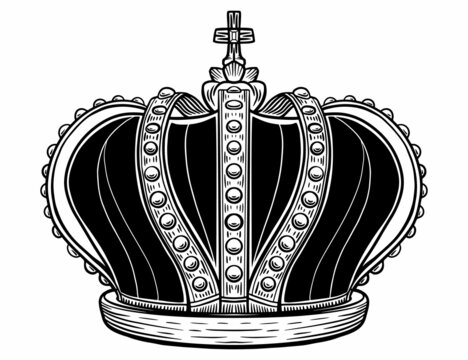 Hand drawn crown. Luxury crowns sketch, queen or king coronation doodle and majestic princess tiara. Monarchs queen diadem. Isolated vintage illustration symbol