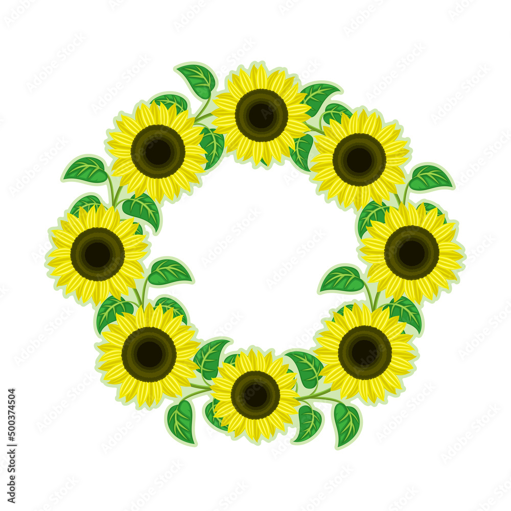 Poster Round wreath frame of sunflower flowers on a white background.