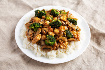 Homemade Chicken Veggie Stir Fry with White Rice, side view. Close-up.