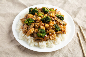 Homemade Chicken Veggie Stir Fry with White Rice, low angle view.