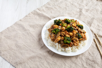 Homemade Chicken Veggie Stir Fry with White Rice, side view. Space for text.