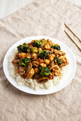 Homemade Chicken Veggie Stir Fry with White Rice, side view.