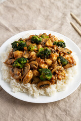 Homemade Chicken Veggie Stir Fry with White Rice, side view.