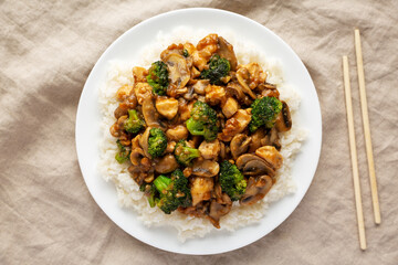 Homemade Chicken Veggie Stir Fry with White Rice, top view. Flat lay, overhead, from above.