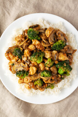 Homemade Chicken Veggie Stir Fry with White Rice, top view. Flat lay, overhead, from above.