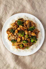 Homemade Chicken Veggie Stir Fry with White Rice, top view. Flat lay, overhead, from above.