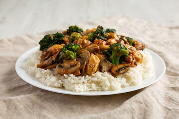 Homemade Chicken Veggie Stir Fry with White Rice, side view.