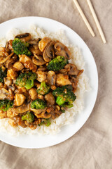 Homemade Chicken Veggie Stir Fry with White Rice, top view. Flat lay, overhead, from above.