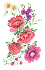 Poster hand drawn with colored roller pens floral composition with red and fuchsia peony flowers, chrysanthemum flower, camomile, and bluebells flowers on white background.  © seninaekaterina