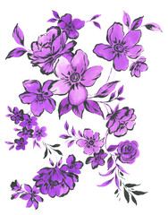 hand painted violet and black trailing flower bouquet with clematis flowers and peony flowers and leaves. 