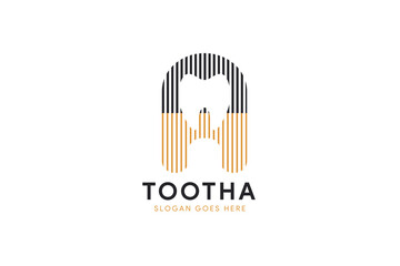 letter a logo design template combination with a tooth in negative space and vertical stripped line using brown and black colors