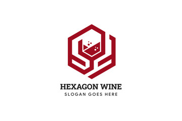 wine hexagon logo design template using red color. combination of a glass of wine with the liquid and hexagon shape. 