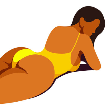 vector image on the theme of summer holidays. beautiful young tanned plump girl in a yellow swimsuit with a beautiful figure and big buttocks is sunbathing on the beach isolated on a white background.