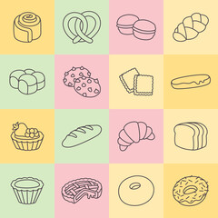 Different Types Of Bakery And Pastry Icon In Outline Style.