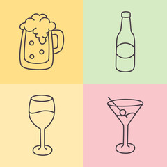 A Set Of Alcohol Drinks Icon In Outline Style.