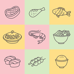 Set Of Dinner Food Icon In Outline Style.