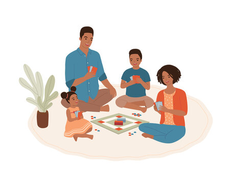 Happy Black Family With Two Children Playing Board Games Together At Home.