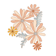 Flower arrangement Retro 70s 60s Groovy Hippie Flower Power vibes vector illustration isolated on white. Boho Summer retro colours floral bouquet print.