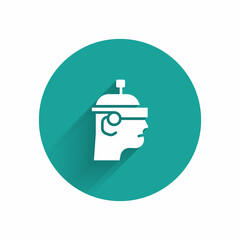 White Smart glasses mounted on spectacles icon isolated with long shadow. Wearable electronics smart glasses with camera and display. Green circle button. Vector