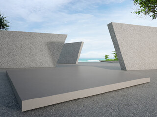 Rectangle gray concrete podium on empty asphalt floor. 3d rendering of sea view plaza with pebble wall and blue sky background. - obrazy, fototapety, plakaty