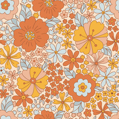 Retro 70s 60s Floral Hippie Summer Groovy Flower Power Flower Child vector seamless pattern. Boho Summer retro colours flower bouquet light background surface design. - 500376514