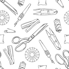 Sewing Tools Set, One Line Drawing, Single Continuous Line Sketch Seamless Pattern