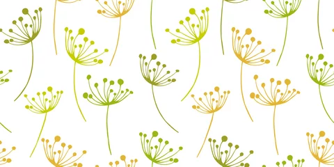 Foto op Plexiglas anti-reflex Hand drawn colorful flying seeds of dandelion in cute doodle style horizontal seamless pattern. Vector illustration for fabric, textile, paper, card design or baby clothings. © Sabina