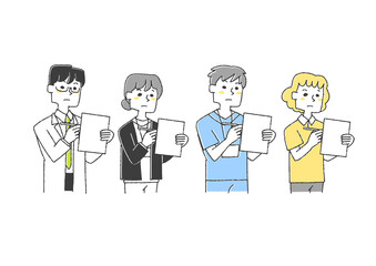 書類に書き込んでいる医療従事者のセット コミカルな手書きの人物　ベクター、線画にカラー