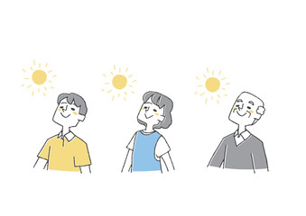 日光を浴びる人々のセット コミカルな手書きの人物　ベクター、線画にカラー