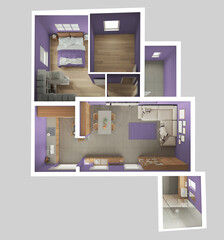 Modern apartment in purple, wooden and beige tones, top view, plan, above. Living room, kitchen with dining room, bedroom and bathroom. Concrete and parquet floor. Interior design