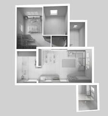 Total white project draft, modern apartment, top view, plan, above. Living room, kitchen with dining room, bedroom and bathroom. Concrete and parquet floor. Interior design