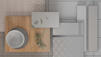 Architect interior designer concept: hand-drawn draft unfinished project that becomes real, materials mood board inspiration. Styling and selection top view, minimalist background