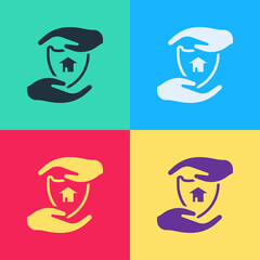 Pop art House with shield icon isolated on color background. Insurance concept. Security, safety, protection, protect concept. Vector