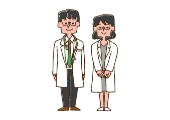 男性医師と女性医師 コミカルな手書きの人物　ベクター、線画にカラー